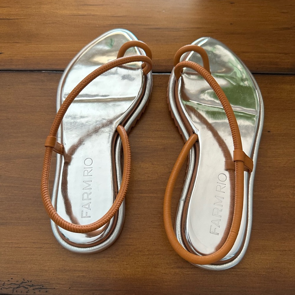 FARM Rio Metallic Silver and Tan Sandals
